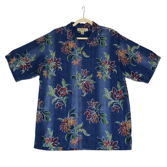 TOMMY BAHAMA Floral Silk Shirt Mens M Blue Short Sleeve Coastal Hawaiian Beach - Picture 1 of 10